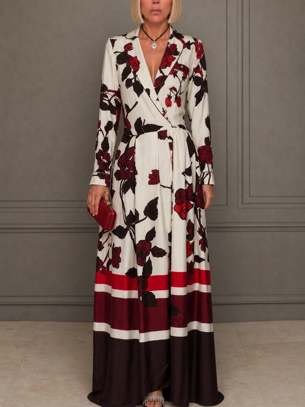Sara Roka floral silk evening tuxedo designer maxi long gown dress S 40